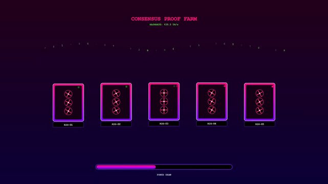 An ethereal digital interface displaying decentralized ledger technology featuring pulsing magenta nodes and a dwindling neon energy meter against a deep violet vacuum background