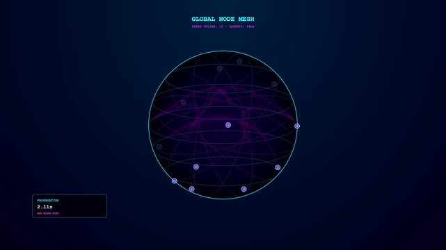 A cinematic holographic animation depicting decentralized ledger technology through a rotating celestial sphere with pulsating magenta conduits and glowing cyan nodes against void black