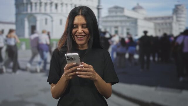 Woman holds smartphone and waves right hand while smiling in front of a historic building crowded with tourists; travel connection joy.