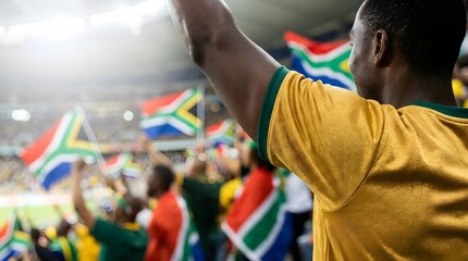 Naklejka premium Passionate South African soccer fan cheering with raised arms in a stadium with national flags.