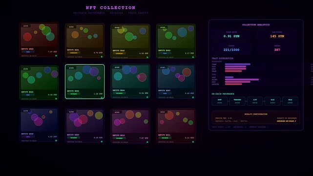 A cinematic view of decentralized ledger technology showcased through a dark user interface with neon green and magenta digital asset cards for portfolio management