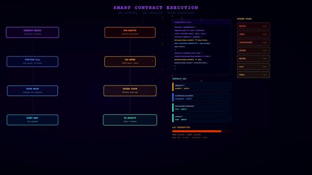 A glowing interface displaying decentralized ledger technology as a digital smart contract executes through a sequence of colorful nodes and data streams on black