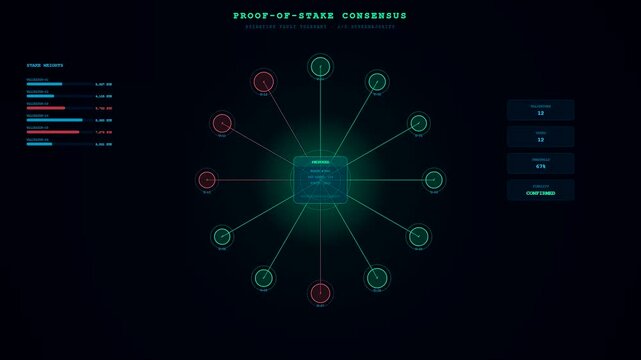 An intricate animation of decentralized ledger technology showcasing a glowing circular arrangement of interconnected nodes syncing data through a central digital hub over black
