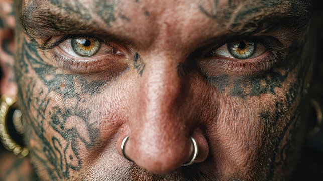 Intense portrait of a man with intricate face tattoos and multiple nose piercings showcasing detailed textures and captivating green eyes looking directly at the cam