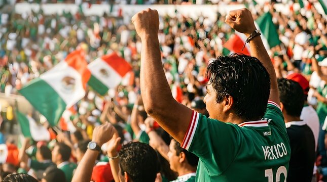 excited mexico soccer fans cheering in stadium with raised arms and national flags with copy space