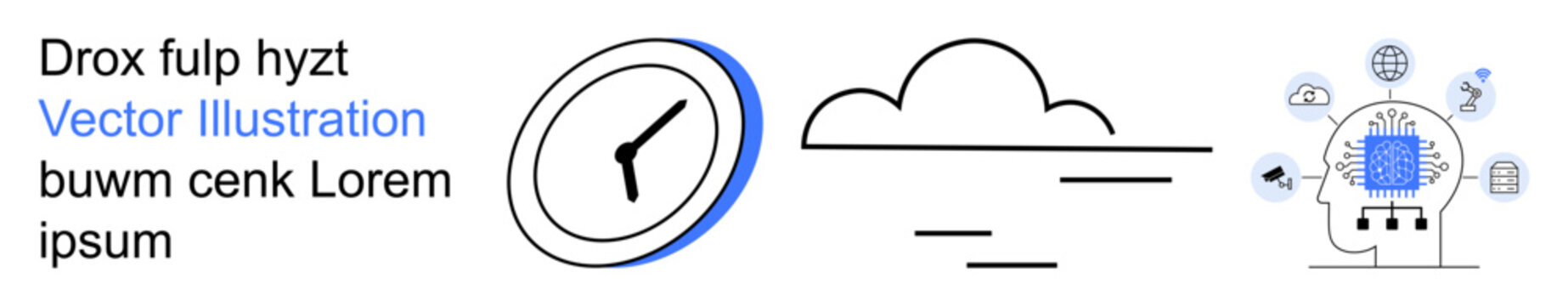 Technology trends, networking, time management, data processing, artificial intelligence, cloud systems. Clock and cloud with digital neural network. Technology trends and networking concept