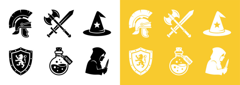 Fantasy role playing game assets icons of warriors wizards and medieval heraldry