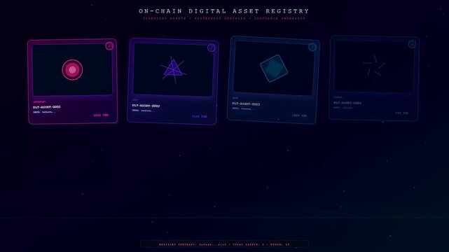 A futuristic interface displaying decentralized ledger technology as luminescent cards with geometric symbols populate a dark cosmic void in a smooth digital animation sequence