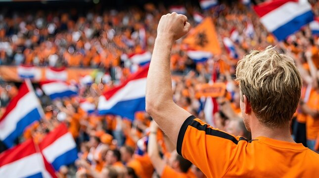 Enthusiastic Dutch football fan celebrating with raised fist in a stadium full of orange flags.