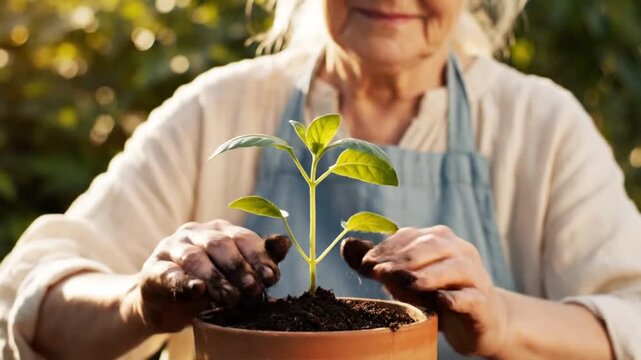 Elderly woman planting green seedling with soil outdoors