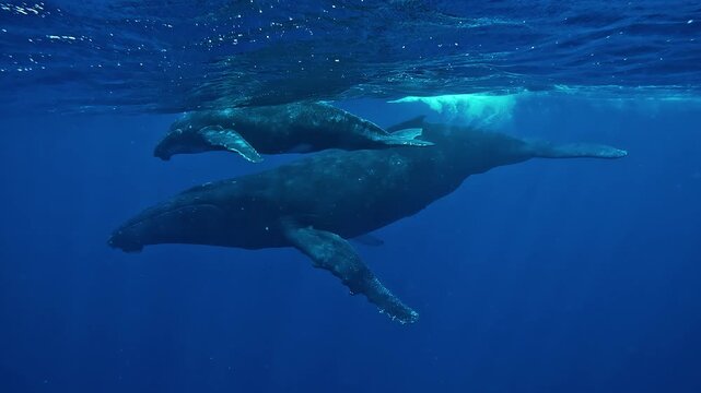 Mother humpback whale and calf - Megaptera novaeangliae - swim just beneath surface as the calf climbs onto her back to breathe.