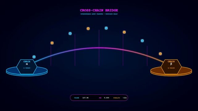 A cinematic visualization of decentralized ledger technology illustrating a secure digital bridge connecting two distinct network nodes with glowing magenta and blue neon light paths