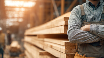 Fototapeta premium A confident worker stands in a lumber mill, surrounded by stacked wood, showcasing craftsmanship in the industry.