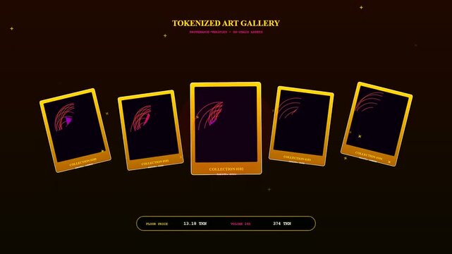 A luxury interface showcasing decentralized ledger technology through floating golden frames containing abstract magenta line art within a dark atmospheric digital gallery environment for collectors