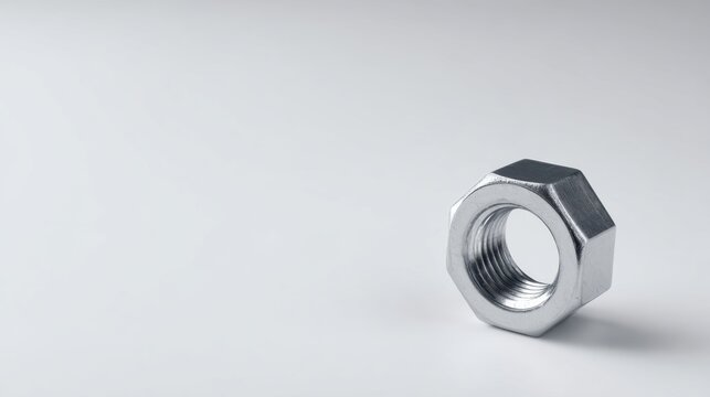 Shiny metal hexagonal nut with internal threading isolated on a clean white background with soft shadows and space for text or design elements