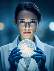 Naklejka premium Female scientist examining glowing bacterial colonies in a petri dish while wearing protective gloves and lab coat in a futuristic laboratory setting
