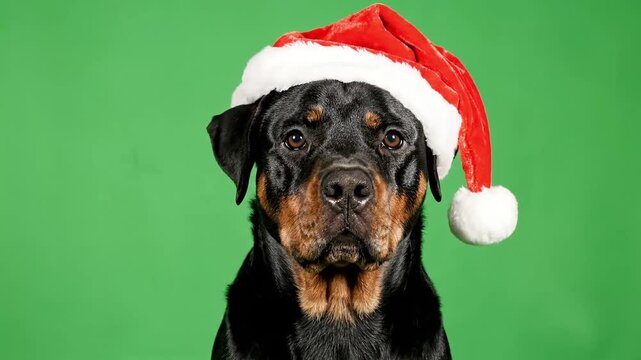 Cute Rottweiler dog wearing a festive red Santa hat, looking directly at the camera with a green background.