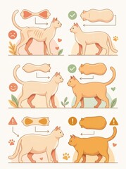 Fototapeta premium Illustration shows different body condition scores in cats with visual indicators and outlines for veterinary education on pet health.