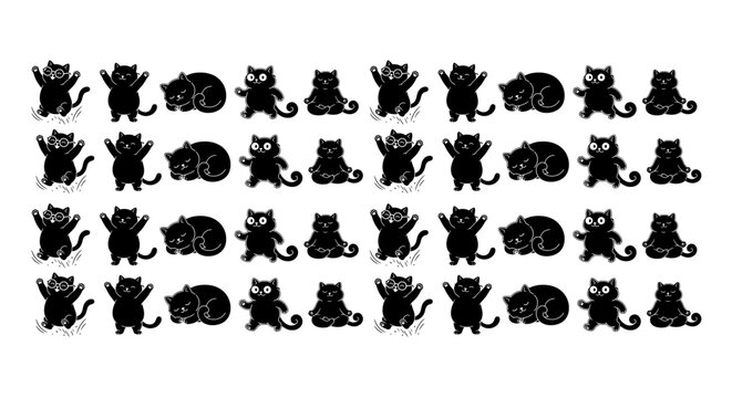 Playful black cat silhouettes set showing various active and sleeping positions