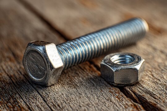 Steel bolt and hexagonal nut resting on rustic wooden surface symbolizing fastening, mechanical assembly, and industrial hardware concepts in natural light