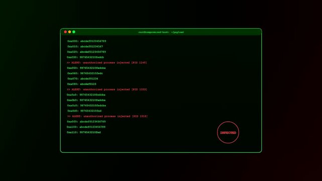 A digital screen displaying a malware attack visualization with scrolling neon green hexadecimal code and red alert warnings indicating a compromised system in real time
