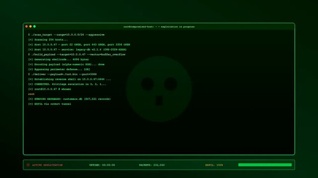 A cinematic malware attack visualization depicting luminous emerald terminal commands scrolling across a void like monitor featuring a minimalist face icon and loading progress bar