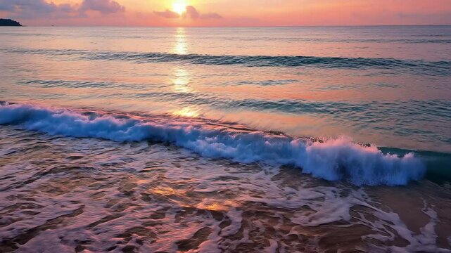 Serene Ocean Waves Gently Washing Ashore During Golden Hour Sunset.