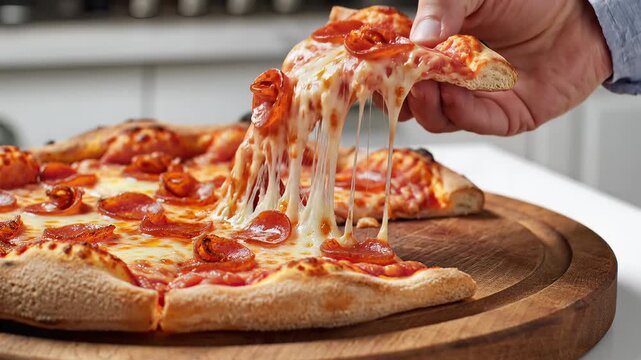 Delicious Pepperoni Pizza Slice Being Pulled with Stretchy Cheese.