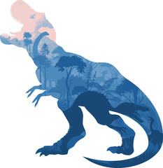 vector t-shirt illustration with t-rex, spinosaurus, argentinosaurus, stegosaurus, raptor, pterosaur and jungle with volcano © Save Jungle