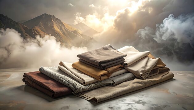 Folded textile swatches in muted earth tones stacked on a textured surface, dramatic cloudy sky backdrop, natural light