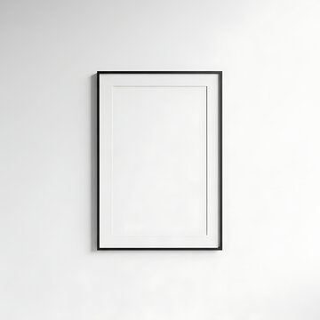 Minimalist black thin frame mockup isolated on white wall background with minimalist interior template exhibition