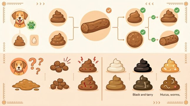 This educational illustration set shows various types of stool for pets. It helps in understanding pet health through visual representation.