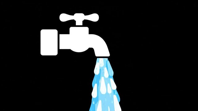 White water tap icon with flowing blue water flat design illustration on black background