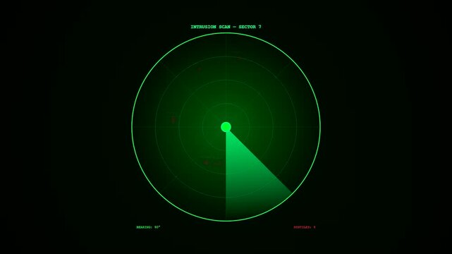 An emerald digital display for malware attack visualization featuring a rotating sonar beam that tracks red hostile dots within a dark circular interface
