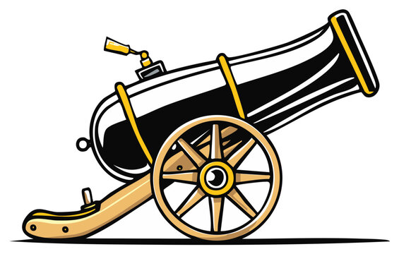 Vintage cannon with wooden wheels and black barrel, historical artillery weapon