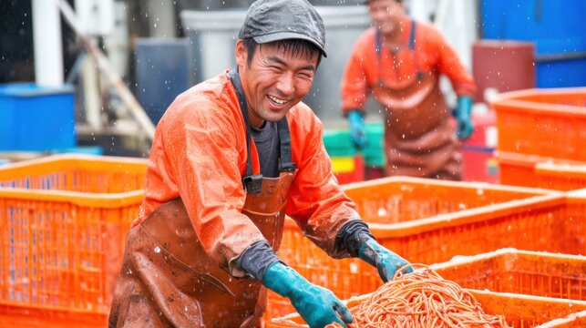 Smiling Fisherman Handles Fresh Catch After Successful Fishing Trip