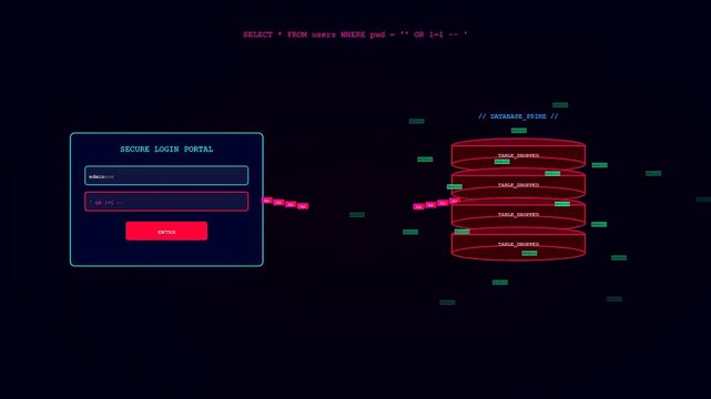 An editorial malware attack visualization depicting a digital sequence where a malicious code injection infiltrates a secure login portal and destroys a blue database