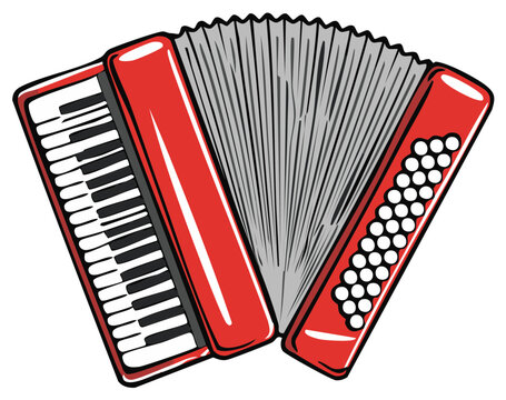 Vibrant red accordion with black and white keys and a gray bellows musical instrument illustration