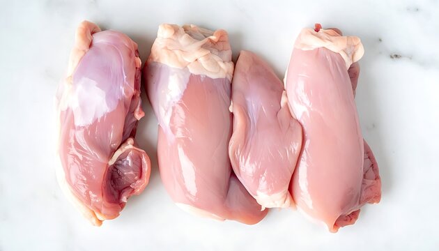 Four raw boneless skinless chicken thighs on a white marble surface, top view, prepared for cooking, fresh poultry meat cuts