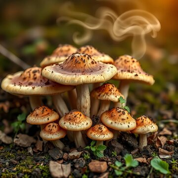 Earthy aroma wafts from a cluster of mushrooms, texture, wild