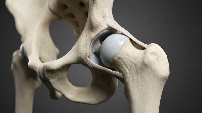Highlighting the hip joint structure, this illustration serves as an educational tool for veterinary anatomy and pet medical study, focusing on bones.