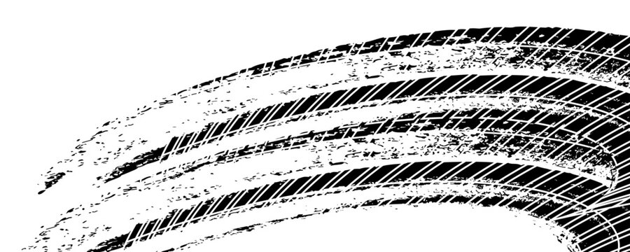 Tire tread marks, wheel textures, tire marks - car racing, motocross, drift, rally, off-road and others. Vector black isolated texture in grunge style with splashes.eps10