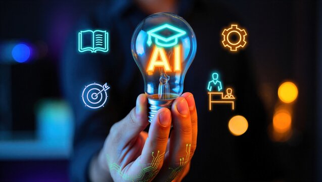 Businessman holding AI light bulb with graduation cap icon, representing artificial intelligence in education, smart learning systems, online courses, digital transformation and e-learning technology.