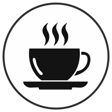 Steaming Coffee Cup Icon Black and White Simple Design Graphic Illustration on Plate