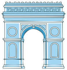 Fototapeta premium Illustrated Arc de Triomphe, iconic architectural monument, blue, outline drawing.