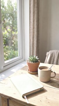 Aesthetic minimalist desk with blank notebook and gentle dappled sunlight shadows moving slowly, UGC vertical video