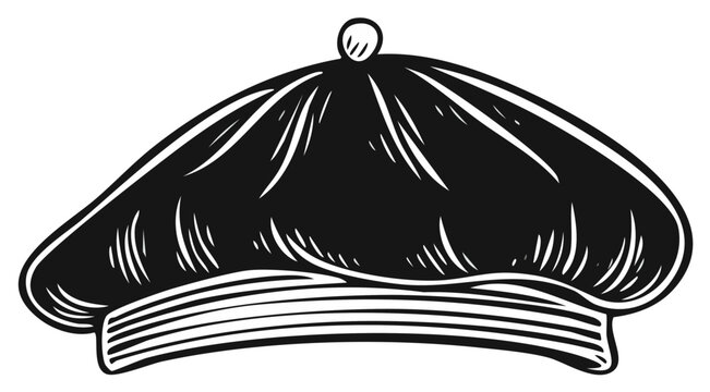 Vintage hand drawn black and white illustration of a classic French beret hat