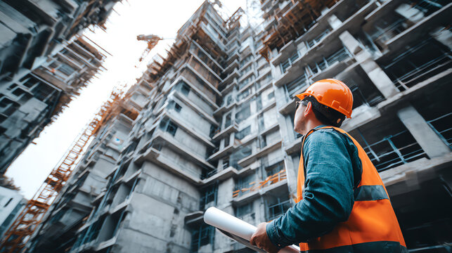 A construction worker observes a high-rise building under development, showcasing modern engineering and teamwork.