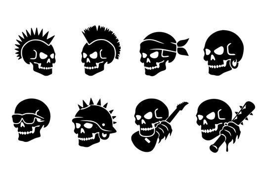 Skull Punk Art: A collection of stylized skull illustrations, each adorned with distinct punk and rock-inspired accessories.