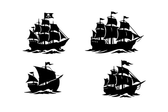Silhouette Fleet: a squadron of classic sailing ships with black silhouette, each one embodies the mystique of seafaring adventures. perfect illustration for nautical theme and maritime history